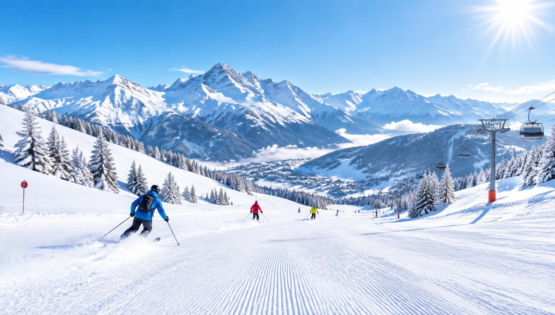 Skiers on a sunny groomed piste with snowy mountain peaks